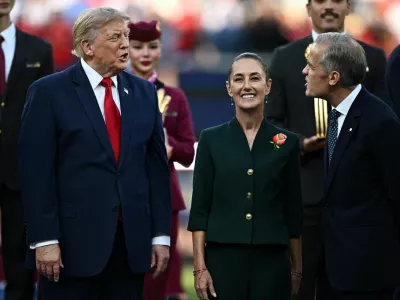 FILE PHOTO: Soccer Football - FIFA World Cup 2026 - Final - Spain v Argentina - New York/New Jersey Stadium, East Rutherford, New Jersey, U.S. - July 19, 2026 U.S. President Donald Trump, Mexican President Claudia Sheinbaum and Canada's Prime Minister Mark Carney during the trophy presentation after the match REUTERS/Dylan Martinez/File Photo