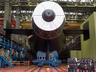 In this image made from video provided by Russian Defense Ministry Press Service on Saturday, Nov. 1, 2025, The Khabarovsk nuclear submarine is seen during launches at the Sevmash shipyard in Severodvindk, Russia. (Russian Defense Ministry Press Service via AP)