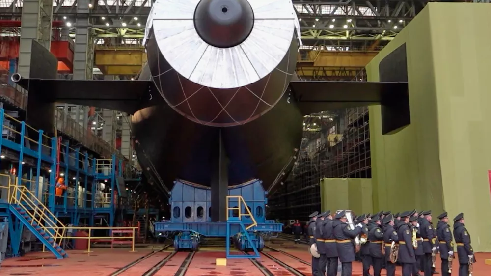 In this image made from video provided by Russian Defense Ministry Press Service on Saturday, Nov. 1, 2025, The Khabarovsk nuclear submarine is seen during launches at the Sevmash shipyard in Severodvindk, Russia. (Russian Defense Ministry Press Service via AP)