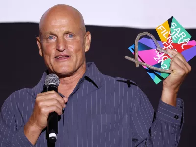 Actor Woody Harrelson speaks during the Heart of Sarajevo Award ceremony at the Sarajevo Film Festival in Sarajevo, Bosnia, Tuesday, Aug. 18, 2026. (AP Photo/Armin Durgut)