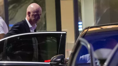 FIFA president Gianni Infantino leaves after attending a Women AFCON 2026 soccer match between Malawi and Zambia, in Rabat, Morocco, Wednesday, Aug. 5, 2026. (AP Photo)