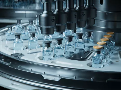 Close-up of a high-tech assembly line in a pharmaceutical production plant, showcasing automation technology with bottles and vials being processed at high precision.