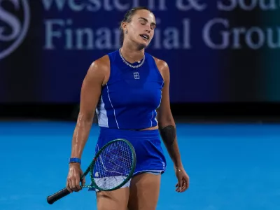 Aug 19, 2026; Mason, OH, USA; Aryna Sabalenka reacts after returning a shot against Sara Bejlek (CZE) during the Cincinnati Open at Lindner Family Tennis Center. Mandatory Credit: Aaron Doster-Imagn Images