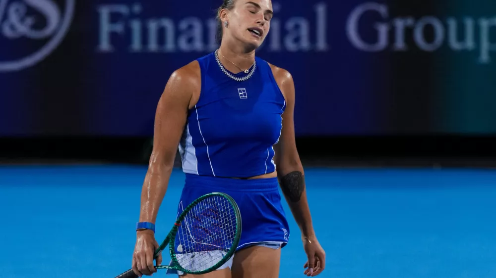 Aug 19, 2026; Mason, OH, USA; Aryna Sabalenka reacts after returning a shot against Sara Bejlek (CZE) during the Cincinnati Open at Lindner Family Tennis Center. Mandatory Credit: Aaron Doster-Imagn Images