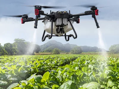 An industrial drone on green field. sprays useful pesticides to increase productivity and destroy harmful insects. increase productivity. Modern technologies in agriculture