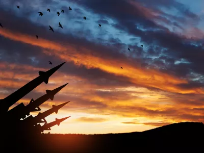 The missiles are aimed at the sky at sunset. Nuclear bomb, chemical weapons, missile defense, a system of salvo fire.