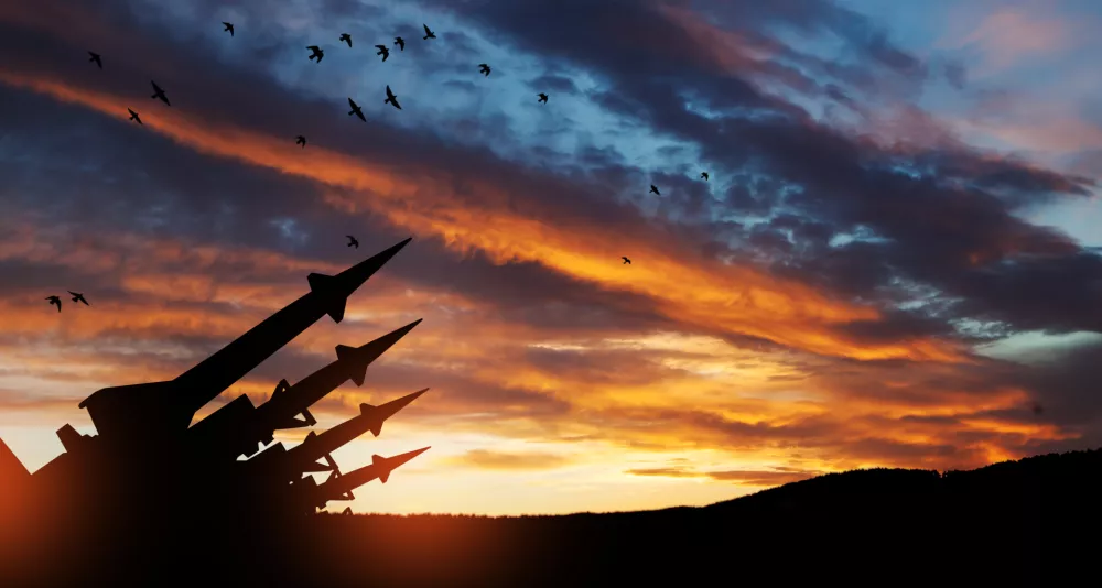 The missiles are aimed at the sky at sunset. Nuclear bomb, chemical weapons, missile defense, a system of salvo fire.