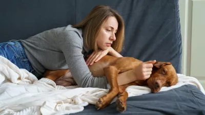 Worried woman taking care of weakening old dog at home. Poor animal suffer from stomach ache need medical treatment in vet clinic. It's time to let your friend go. Caring for aged pet at home concept