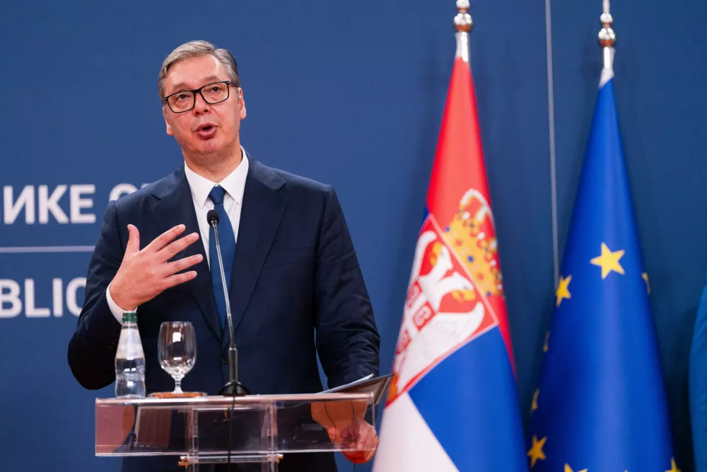 August 8, 2026, Belgrade, Central Serbia, Serbia: 202688, Belgrade, Serbia - Serbian President VUCIC ALEKSANDAR hosts Ukrainian President VOLODYMYR ZELENSKYY during his official visit to the Republic of Serbia at the Palace of Serbia. Serbian President VUCIC ALEKSANDAR addresses the media during a joint press conference. (Credit Image: &copy; Marko Dimic/ZUMA Press Wire) / Foto: Marko Dimic