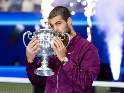 FILE PHOTO: Sep 7, 2025; Flushing, NY, USA; Carlos Alcaraz of Spain with the US Open trophy after winning the final of men's singles at Billie Jean King National Tennis Center. Mandatory Credit: Mike Frey-Imagn Images/File Photo