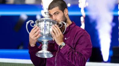 FILE PHOTO: Sep 7, 2025; Flushing, NY, USA; Carlos Alcaraz of Spain with the US Open trophy after winning the final of men's singles at Billie Jean King National Tennis Center. Mandatory Credit: Mike Frey-Imagn Images/File Photo