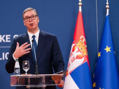 August 8, 2026, Belgrade, Central Serbia, Serbia: 202688, Belgrade, Serbia - Serbian President VUCIC ALEKSANDAR hosts Ukrainian President VOLODYMYR ZELENSKYY during his official visit to the Republic of Serbia at the Palace of Serbia. Serbian President VUCIC ALEKSANDAR addresses the media during a joint press conference. (Credit Image: &copy; Marko Dimic/ZUMA Press Wire)