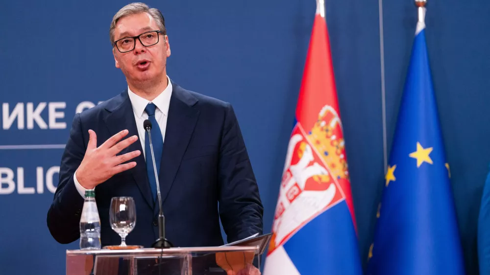August 8, 2026, Belgrade, Central Serbia, Serbia: 202688, Belgrade, Serbia - Serbian President VUCIC ALEKSANDAR hosts Ukrainian President VOLODYMYR ZELENSKYY during his official visit to the Republic of Serbia at the Palace of Serbia. Serbian President VUCIC ALEKSANDAR addresses the media during a joint press conference. (Credit Image: &copy; Marko Dimic/ZUMA Press Wire)