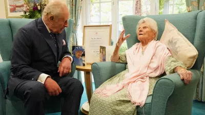 FILE - Britain's King Charles III meets the world's oldest person, 116-year-old Ethel Caterham, in Lightwater, England, Sept. 20, 2025. Ms Caterham is celebrating her 117th birthday on Friday Aug. 21, 2026. (Jonathan Brady/PA via AP, File)