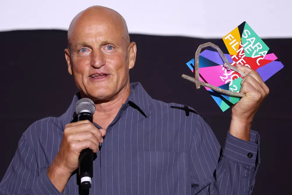 Actor Woody Harrelson speaks during the Heart of Sarajevo Award ceremony at the Sarajevo Film Festival in Sarajevo, Bosnia, Tuesday, Aug. 18, 2026. (AP Photo/Armin Durgut)