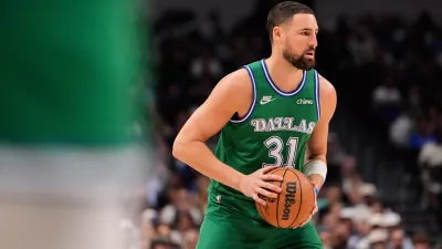 FILE - Dallas Mavericks guard Klay Thompson handles the ball during an NBA basketball game against the Atlanta Hawks in Dallas, March 18, 2026. (AP Photo/Tony Gutierrez, File)