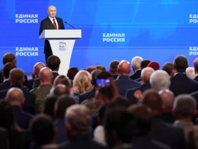 Russian President Vladimir Putin speaks at the United Russia party congress in Moscow, Saturday, Aug. 22, 2026. (Gavriil Grigorov, Sputnik, Kremlin Pool Photo via AP)