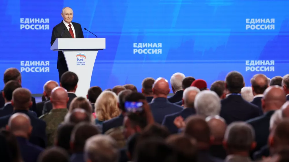 Russian President Vladimir Putin speaks at the United Russia party congress in Moscow, Saturday, Aug. 22, 2026. (Gavriil Grigorov, Sputnik, Kremlin Pool Photo via AP)
