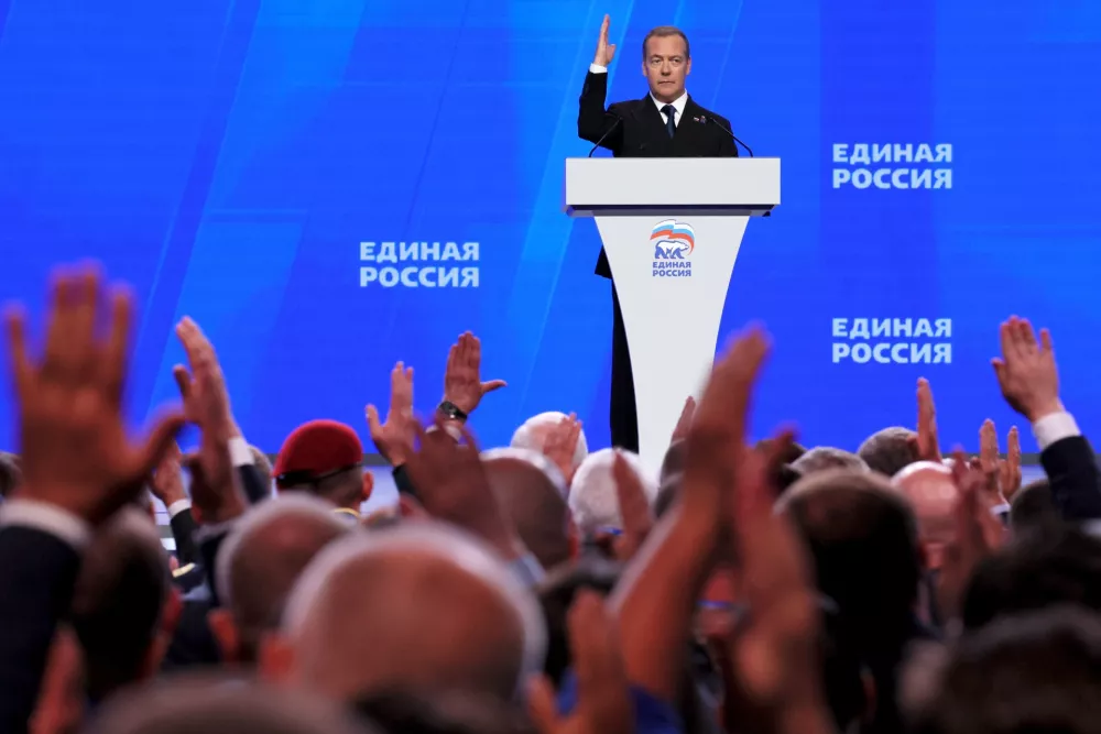 Russian Security Council Deputy Chairman and the head of the United Russia party Dmitry Medvedev speaks at the United Russia party congress in Moscow, Saturday, Aug. 22, 2026. (Ekaterina Shtukina, Sputnik, Pool Photo via AP)