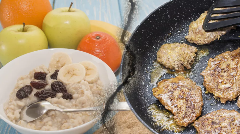 healthy and unhealthy Breakfast. Oatmeal with raisins in a white bowl. Fruits. Fried steaks. / Foto: Mikhail Sedov Getty Images