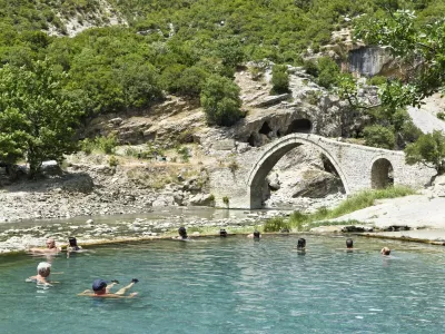 Ottoman Bridge and Hot Springs at the Langarice Canyon, Vjosa Vjose River, Albania, Europe Copyright: GOUPIxCHRISTIAN 1382-463,Image: 895525761, License: Rights-managed, Restrictions: imago is entitled to issue a simple usage license at the time of provision. Personality and trademark rights as well as copyright laws regarding art-works shown must be observed. Commercial use at your own risk., Model Release: no 