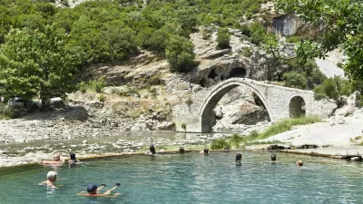 Ottoman Bridge and Hot Springs at the Langarice Canyon, Vjosa Vjose River, Albania, Europe Copyright: GOUPIxCHRISTIAN 1382-463,Image: 895525761, License: Rights-managed, Restrictions: imago is entitled to issue a simple usage license at the time of provision. Personality and trademark rights as well as copyright laws regarding art-works shown must be observed. Commercial use at your own risk., Model Release: no 