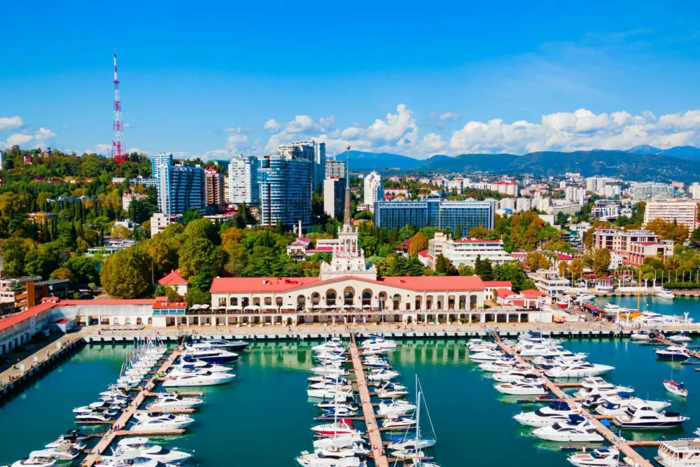 Sochi port or marine passenger terminal aerial panoramic view in Sochi. Sochi is the resort city along the Black Sea in Russia.,Image: 1088112632, License: Royalty-free, Restrictions:, Model Release: no 