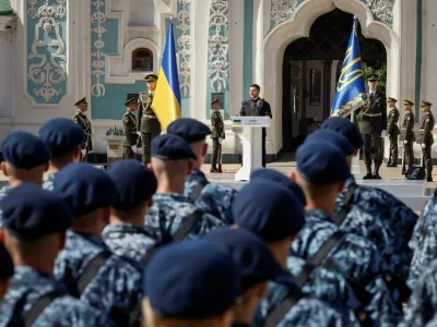 Ukraine's President Volodymyr Zelenskiy makes a speech during a celebration ceremony of the Independence Day of Ukraine, amid Russia's attack on Ukraine, in central Kyiv, Ukraine August 24, 2026. REUTERS/Gleb Garanich