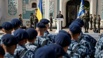 Ukraine's President Volodymyr Zelenskiy makes a speech during a celebration ceremony of the Independence Day of Ukraine, amid Russia's attack on Ukraine, in central Kyiv, Ukraine August 24, 2026. REUTERS/Gleb Garanich