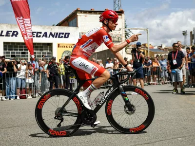 11 Tadej Pogacar of UAE Team Emirates - XRG weating the leader red jersey during the La Vuelta Espana 2026 from Monaco to Granada, Stage 5 from Falset to Roquetes of 173km in Catalonia, on 26th of August, 2026 in Spain.,Image: 1128667491, License: Rights-managed, Restrictions: RESTRICTED TO EDITORIAL USE, Model Release: no 