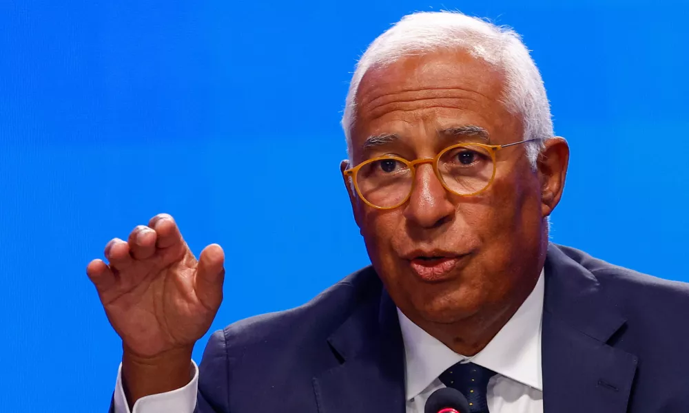 European Council President Antonio Costa speaks during a press conference following a meeting of the so-called Coalition of the Willing group, amid Russia's attack on Ukraine, in Kyiv, Ukraine August 24, 2026. REUTERS/Valentyn Ogirenko