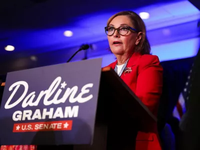 U.S. Senator Darline Graham (R-SC) speaks with supporters after winning her Republican primary runoff against U.S. Representative Ralph Norman (R-SC) for her current U.S. Senate seat, in Columbia, South Carolina, U.S., August 25, 2026. REUTERS/Sam Wolfe
