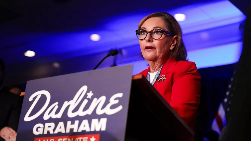 U.S. Senator Darline Graham (R-SC) speaks with supporters after winning her Republican primary runoff against U.S. Representative Ralph Norman (R-SC) for her current U.S. Senate seat, in Columbia, South Carolina, U.S., August 25, 2026. REUTERS/Sam Wolfe