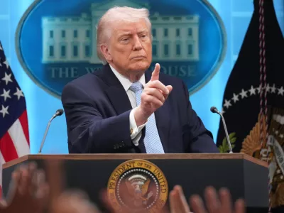 FILE - President Donald Trump speaks with reporters during a news conference in the James Brady Press Briefing Room at the White House, April 6, 2026, in Washington. (AP Photo/Mark Schiefelbein, File)