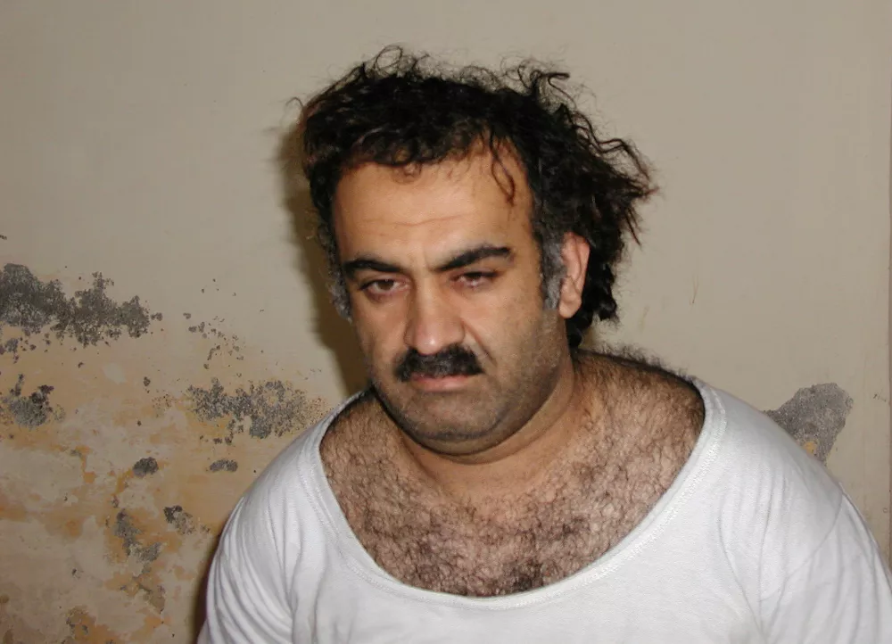 FILE- Khalid Sheikh Mohammed, the alleged Sept. 11 mastermind, is seen shortly after his capture during a raid in Pakistan, March 1, 2003, in this photo obtained by the Associated Press. (AP Photo, File)