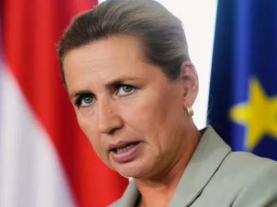 Denmark's Prime Minister Mette Frederiksen talks to the media after a meeting about an European Financial Framework at the chancellery in Berlin, Germany, Thursday, Aug. 27, 2026. (AP Photo/Markus Schreiber)