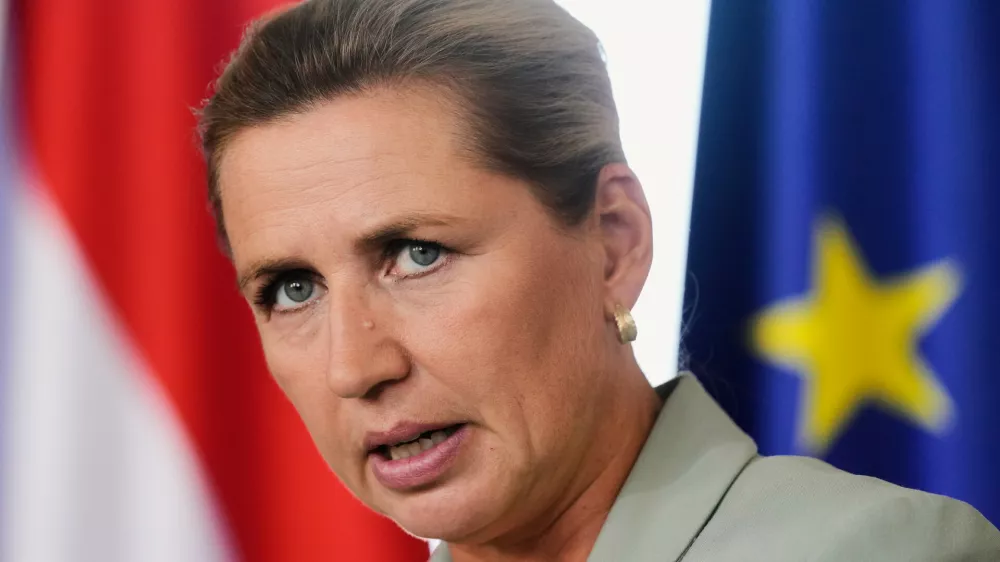 Denmark's Prime Minister Mette Frederiksen talks to the media after a meeting about an European Financial Framework at the chancellery in Berlin, Germany, Thursday, Aug. 27, 2026. (AP Photo/Markus Schreiber)