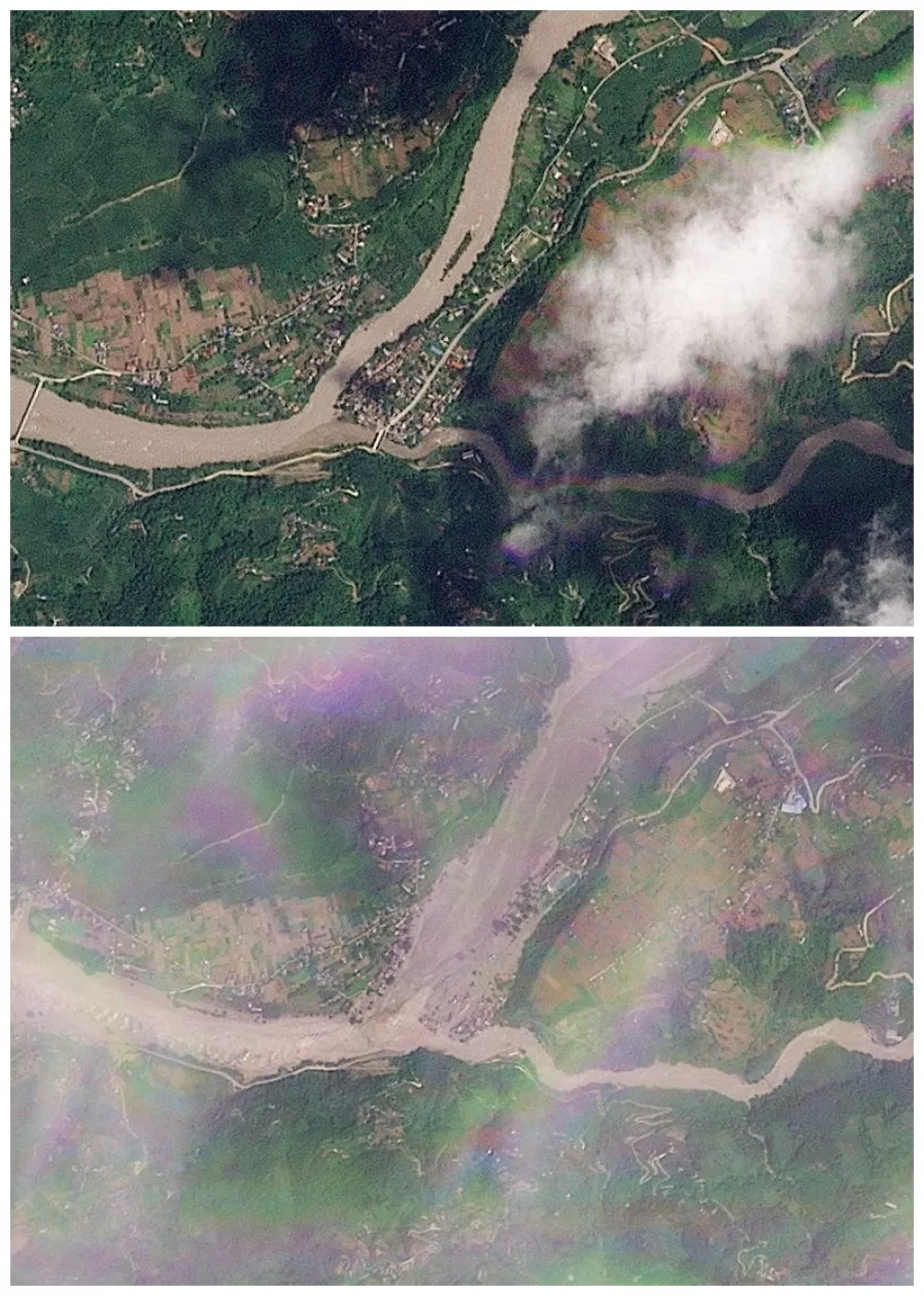 A combination of satellite images shows an area of Devighat, before (top) and after (bottom) deadly flash floods and a mudslide affected the region, Nepal, August 23, 2026 and August 26, 2026. 2026 Planet Labs PBC/Handout via REUTERS  THIS IMAGE HAS BEEN SUPPLIED BY A THIRD PARTY. MANDATORY CREDIT