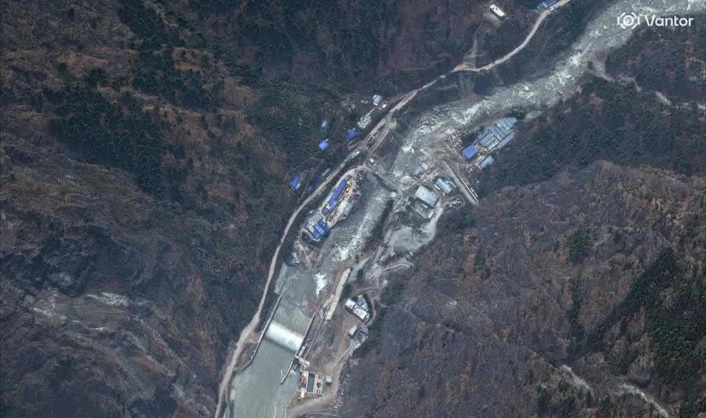 This satellite image provided by Vantor shows the Trishuli River along Rasuwagadhi hydro plant in Nepal on April 19, 2024. (Satellite image &copy;2026 Vantor via AP)
