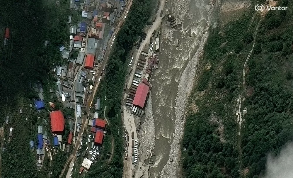 This satellite image provided by Vantor shows buildings and roads in Timure, Nepal on July 1, 2026. (Satellite image &copy;2026 Vantor via AP)