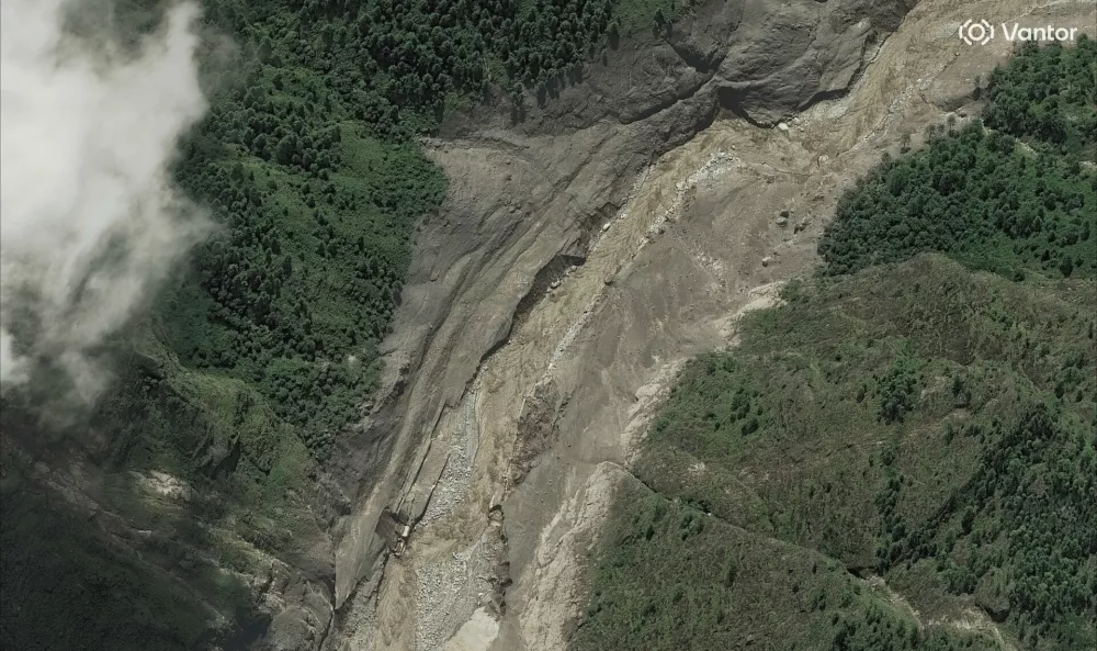 This satellite image provided by Vantor shows the Trishuli River along Rasuwagadhi hydro plant in Nepal Friday, Aug. 28, 2026. (Satellite image &copy;2026 Vantor via AP)