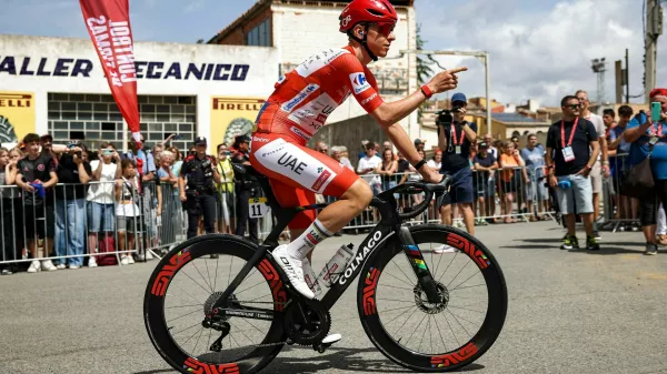 11 Tadej Pogacar of UAE Team Emirates - XRG weating the leader red jersey during the La Vuelta Espana 2026 from Monaco to Granada, Stage 5 from Falset to Roquetes of 173km in Catalonia, on 26th of August, 2026 in Spain.,Image: 1128667491, License: Rights-managed, Restrictions: RESTRICTED TO EDITORIAL USE, Model Release: no 