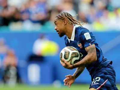 FILE PHOTO: Soccer Football - FIFA World Cup 2026 - Bronze Final - France v England - Miami Stadium, Miami Gardens, Florida, U.S. - July 18, 2026 France's Bradley Barcola celebrates scoring their second goal IMAGN IMAGES via Reuters/Sam Navarro/File Photo