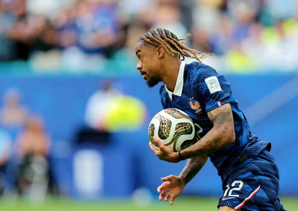 FILE PHOTO: Soccer Football - FIFA World Cup 2026 - Bronze Final - France v England - Miami Stadium, Miami Gardens, Florida, U.S. - July 18, 2026 France's Bradley Barcola celebrates scoring their second goal IMAGN IMAGES via Reuters/Sam Navarro/File Photo
