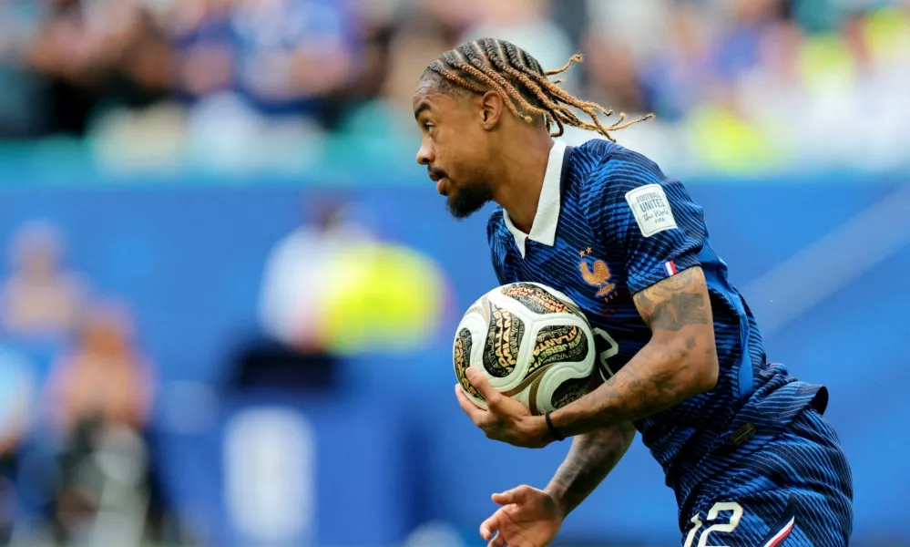 FILE PHOTO: Soccer Football - FIFA World Cup 2026 - Bronze Final - France v England - Miami Stadium, Miami Gardens, Florida, U.S. - July 18, 2026 France's Bradley Barcola celebrates scoring their second goal IMAGN IMAGES via Reuters/Sam Navarro/File Photo