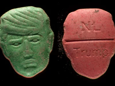 This undated photo provided by Trimbos Institute of Mental Health and Addiction shows pills that have a depiction of President Donald Trump on one side and on the other side NL and Trump stamped into the surface. (Trimbos Institute of Mental Health and Addiction via AP)