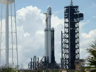 A SpaceX Falcon Heavy rocket is prepared for launch with NASA's Nancy Grace Roman Space Telescope aboard at the Kennedy Space Center in Cape Canaveral, Florida, U.S., August 29, 2026.  REUTERS/Joe Skipper