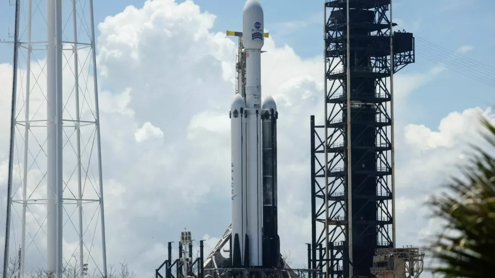 A SpaceX Falcon Heavy rocket is prepared for launch with NASA's Nancy Grace Roman Space Telescope aboard at the Kennedy Space Center in Cape Canaveral, Florida, U.S., August 29, 2026.  REUTERS/Joe Skipper