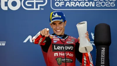 MotoGP - Aragon Grand Prix - Ciudad del Motor de Aragon, Aragon, Spain - August 30, 2026 Ducati Lenovo Team's Marc Marquez celebrates on the podium after winning the MotoGP REUTERS/Pablo Morano