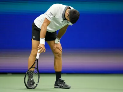 Novak Djokovic, of Serbia, reacts during the first round of the U.S. Open tennis championships against Mariano Navone, of Argentina, Sunday, Aug. 30, 2026, in New York. (AP Photo/Frank Franklin II)
